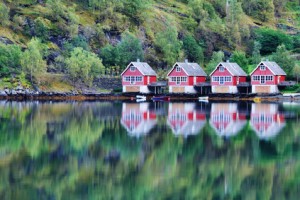 Scenic View of lake and fishing huts in Flam, Norway